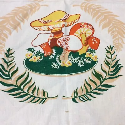 Vintage Signed Linda Linen Tea Towel Mushrooms Orange Yellow Green • $16.95