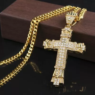 Stylish Iced Out Gold Mens Cross Necklace Pendant • £10.99