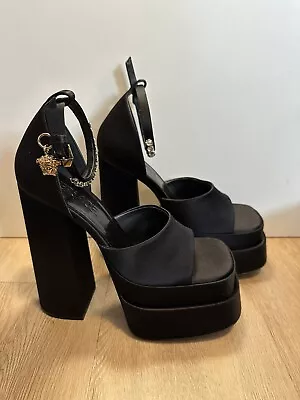 VERSACE Black Aevitas Heeled Sandals Size 37 New W/o Tags Satin • $249.99