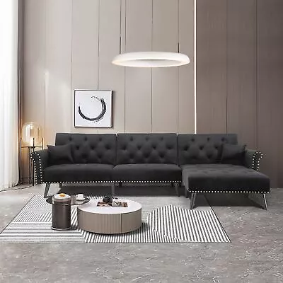 114.5in Convertible Sectional Sleeper Sofa Bed Velvet Reversible L-Shaped Couch • $636.30