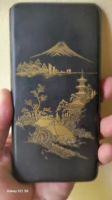 Antique Vintage Japanese Cigarette Case Card Case Damascene Mount Fuji Scene  • $125