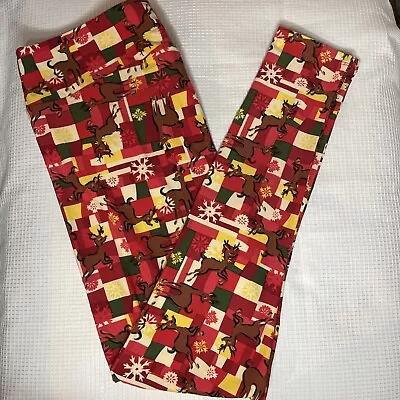 New Womans LuLaRoe Red Green Yellow Reindeer Snowflake Pattern Leggings TC • $17