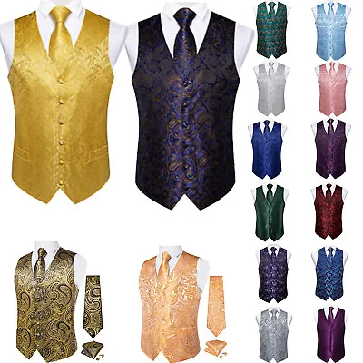 Black Gold Paisley Mens Formal Waistcoat Tie Double Breasted Slim Suit Vest Set • $21.98