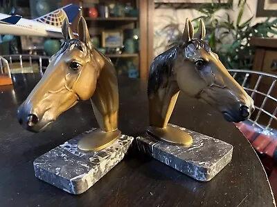 Vtg Art Deco Cold Painted Bronze & Marble Horse Head Bookends Made In Austria • $300