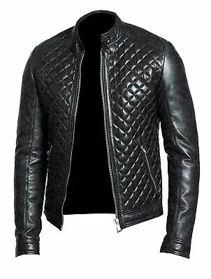 $119.98 • Buy Quilted Leather Jacket For Men Stylish Black Jacket Genuine Lambskin Biker Coat