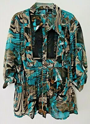 $4.99 • Buy New Directions Woman Aqua Black Tan Lace Roll Up Sleeve Blouse Shirt 3x New