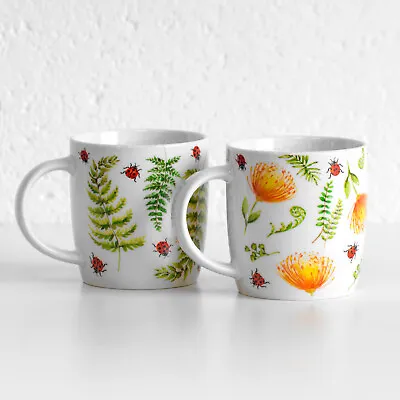 Set Of 2 Floral Ladybird Coffee Mugs 12oz White Fine China Tea Hot Drink Cups • £15.99