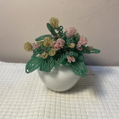 Vintage Handmade Glass Seed Beaded Pink Yellow Bouquet Pot Of Flowers • $38
