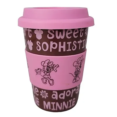 Disney Parks Minnie Mouse Travel Mug Brown Pink Lid Heat Guard Adorable Sweet • $15.96