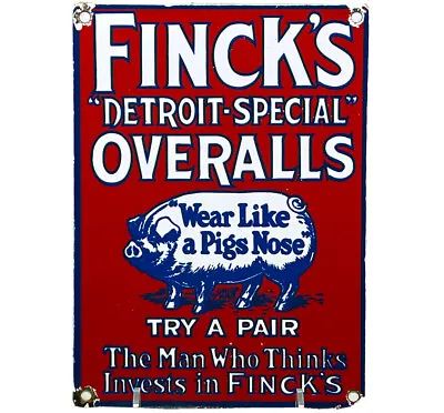 Vintage Finck's Overalls Porcelain Sign Pig Farm Finks Levis Lee Detroit Gas Oil • $116.38