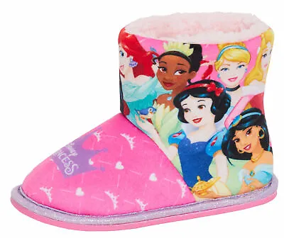 Girls Disney Princess Slipper Boots Kids Faux Fur Lined Glitter Fleece Booties • £13.95