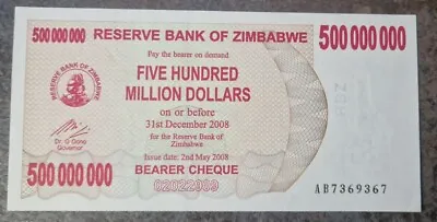 Zimbabwe 500 Million Dollar Banknote. GENUINE UNC AA Serial Number • £2.85