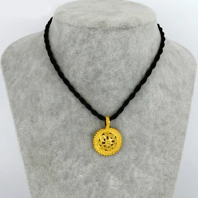 24k Gold Filled Ethnic Pendant Necklace With Black Rope + Gift Pouch - UK Seller • £5.80