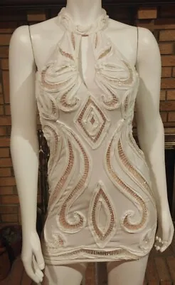 Jovani Off White Halter Neck Keyhole Back Beaded Bodycon Micro Mini Dress Size 2 • $20