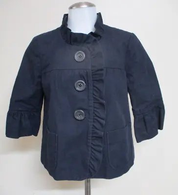 J CREW Navy Blue Cotton Ruffle Trim Large Button Front 3/4 Sleeve  Jacket Sz 4 • $0.99