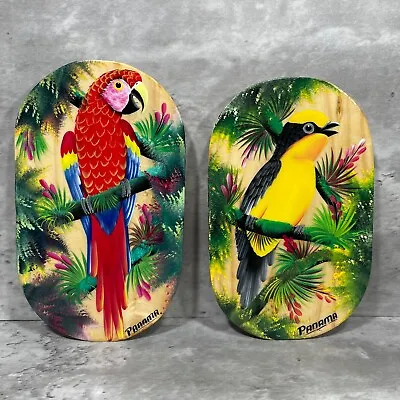 Tropical Birds Hand Painted Carved Wood Wall Hanging Art Plaque Sign 8.5  X 4.5  • $19.98
