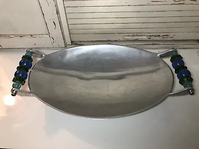 Vintage ARGENT ORFEVRES Metal Serving Bowl/Dish Glass Bead Handles RARE GORGEOUS • £10.13