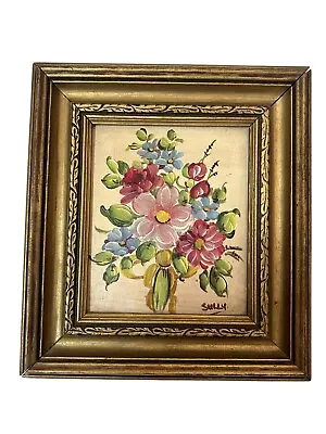 Vintage Small Floral Oil Painting Signed Sully Gold Frame 7 X 7.5 Inch A • $29.99