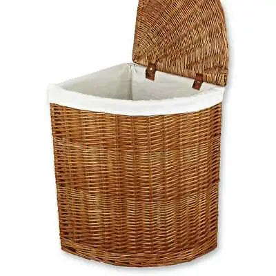 Natural Wicker Corner Laundry Linen Wash Basket Woven Storage Bedroom Bathroom • £60