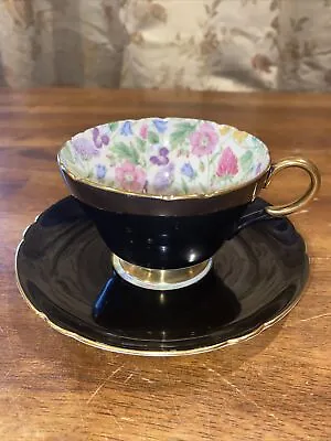 Shelley China Black/Gold Hensley Shape Countryside Chintz Cup & Saucer EC • $154.32