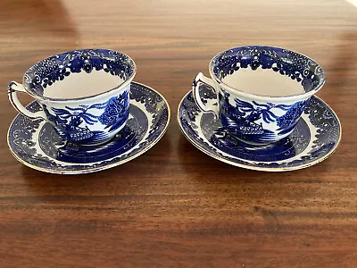 Vintage Burleighware 2 X Blue Willow Tea Cups & Saucers & 2x Churchhill Plates • $99.95