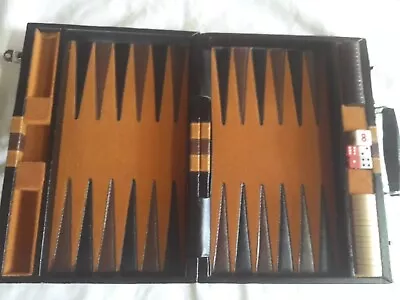 Vintage Backgammon Travel Set Brown Black Faux Leather Compact Case • $20