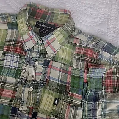 Ralph Lauren Shirt Mens Short Sleeve XL Patchwork Plaid Purcell Madras Button Up • $29.95