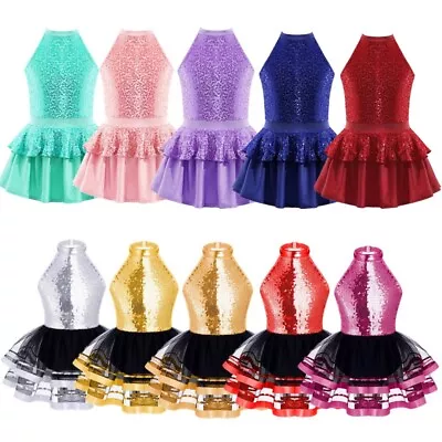 UK Girls Sleeveless Halter Neck Sequins Mesh Tutu Dance Dress Gymnastic Leotard • £14.74