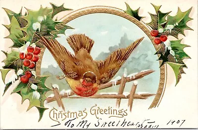 C1907 Christmas Greetings Bird In Flight Winter Snow Holly Unused Postcard 836b • $2.25