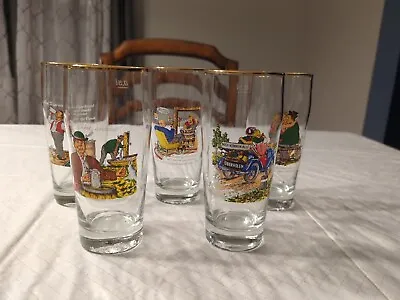 Vintage German Beer Glasses Cartoon Pictures Gold Rimmed 7 In Tall Set Of 5 • $49.95