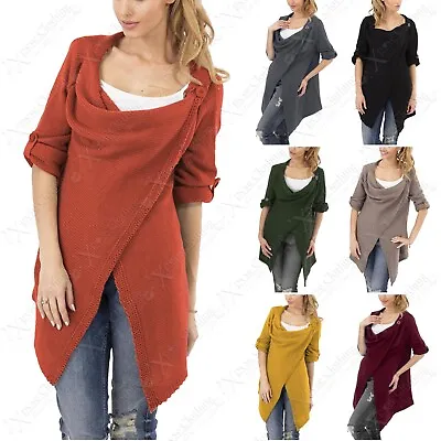 £12.99 • Buy New Womens Wrapover Button Cardigan Rolled-up Sleeves Ladies Wool Jumper Poncho
