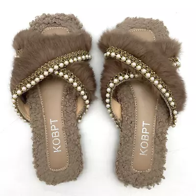 KOBPT Brown Rabbit Fur & Faux Shearling Slip On Pearl Trim Sandals Size 7.5M • $24