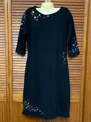 Michael Simon M Casual Black Dress Colorful Beaded Flower Accents Ruffled Hem • $24.99