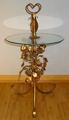 MidCentury Hollywood Regency Italian Gold Tole Roses Glass Top Cocktail Table • $225