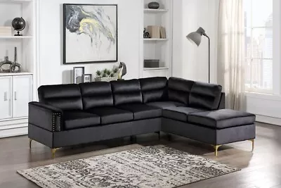 SLEEK Modern Black Velvet Contemporary Fabric Sectional With Gold Metal Legs • $1099.99