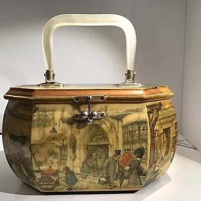 Vintage Decoupage Wooden Purse Anton Pieck Print Bakelite White Handle Latch • $43.97