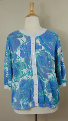 Bob Mackie Printed Rose Cardigan Sweater 2x Blue / Purple 3/4Sleeves Women's • $16.98