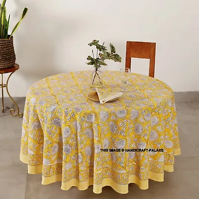 Indian Hand Block Printed Round Tablecloth 60  Inch Diameter 100% Cotton Floral • $68.99