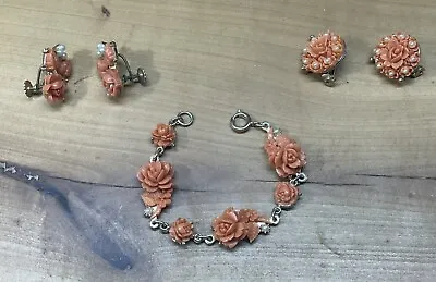 Vintage Carved Rose Plastic/Celluloid Orange Faux Coral Jewelry Lot • $25