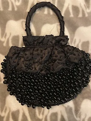 Black Satin Beaded Clutch Satchel Handbag Vintage Floral Design  Kiss Closure • $9