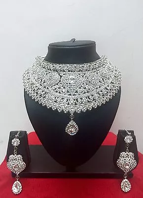 Indian Bollywood Style Fashion Rhodium Plated Bridal Jewelry Necklace Set  • $38.99