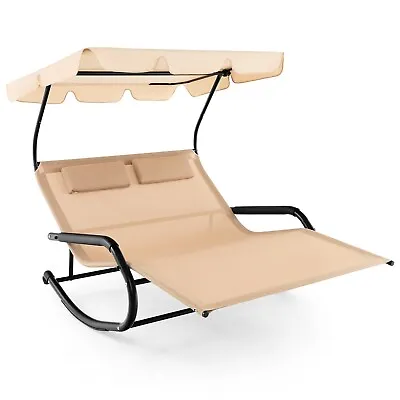Outdoor 2-Person Double Rocking Chaise Lounge Sun Lounger W/ Canopy & Wheels • £109.99
