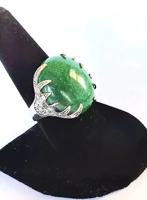 Vintage Sterling Green Quench Crackle Quartz Cabochon Claw Ring Size 9 • $44