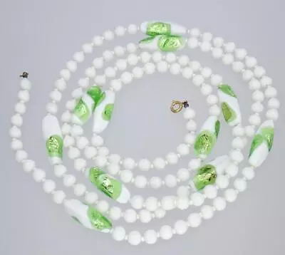 LONG Vintage Art Deco Murano Venetian Green White Glass Foil Bead Necklace 55'' • $14.99