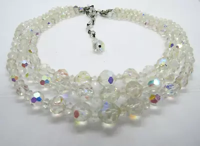 Vintage Triple Strand Aurora Borealis Crystal Faceted Graduated Collar Necklace • $15