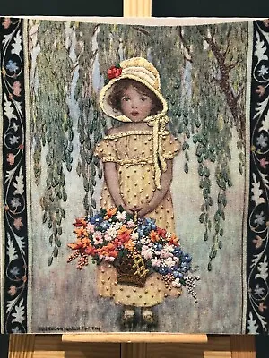 Vintage Finished  Edwardian Girl With Posy Basket   Embroidered Panel. • £9.99