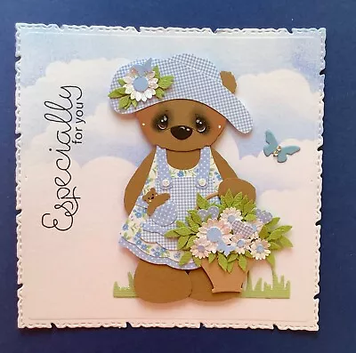 £2.20 • Buy Handmade Birthday Card Topper Ooak Teddy Basket Of Flowers Pretty Dress   D
