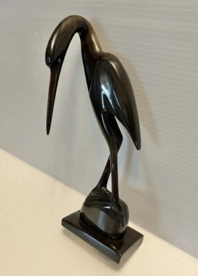 $20 • Buy Vintage Hand Carved Water Buffalo Horn Crane Egret Heron Bird 8” Figurine Statue