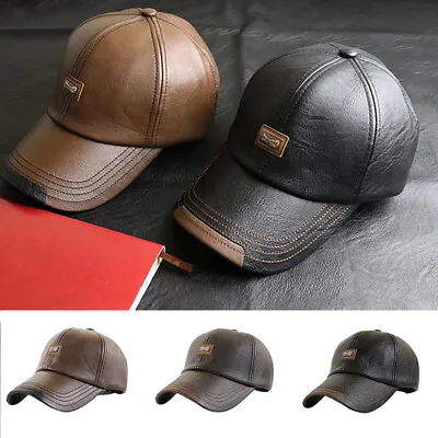 Men's Baseball Cap PU Leather Adjustable Warm Hat Solid Color Winter Outdoor Hat • $13.48