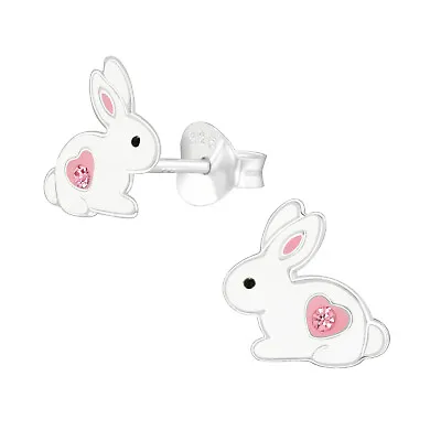£5.97 • Buy Girls 925 Sterling Silver Cute RABBIT WITH HEART Pair Stud Earrings Bunny Boxed